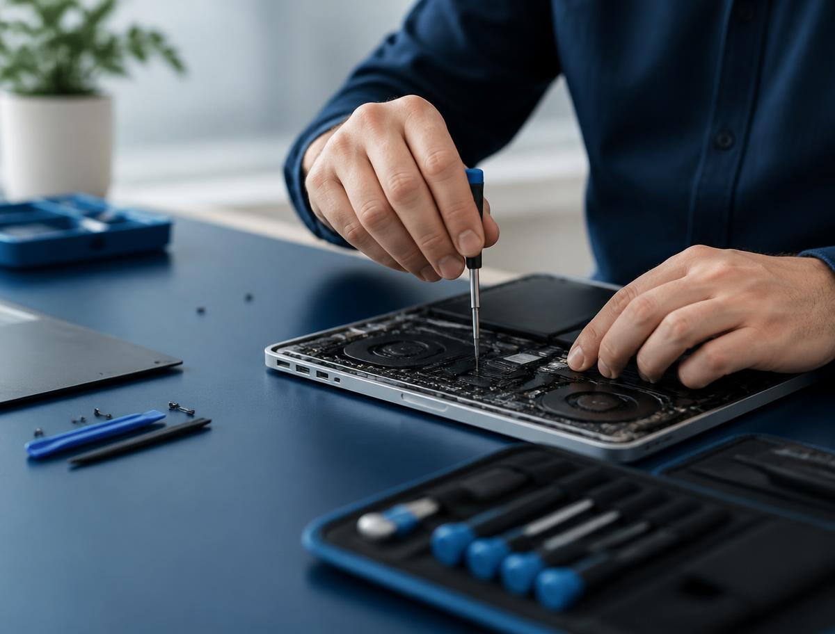 A repair technician working on an electronic device at a repair bench